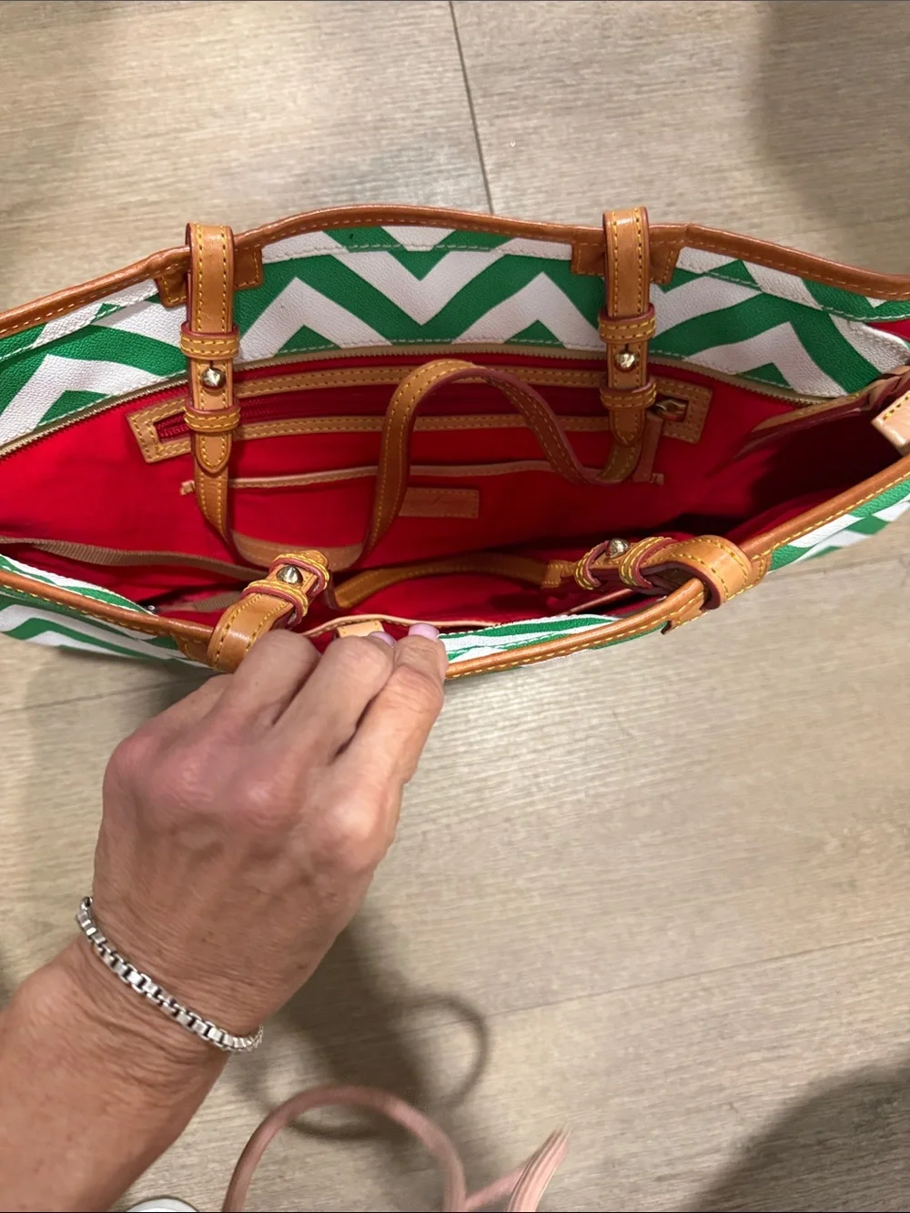 Dooney & Bourke Green and White Chevron Cosmetic Pouch with Tan Trim